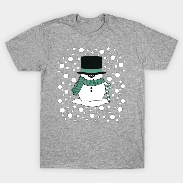 Cute Christmas snowman with a top hat, scarf and candy cane T-Shirt by Krimbles